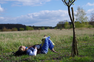Zwei Menschen liegen im Frühlingsgras unter einem jungen Baum