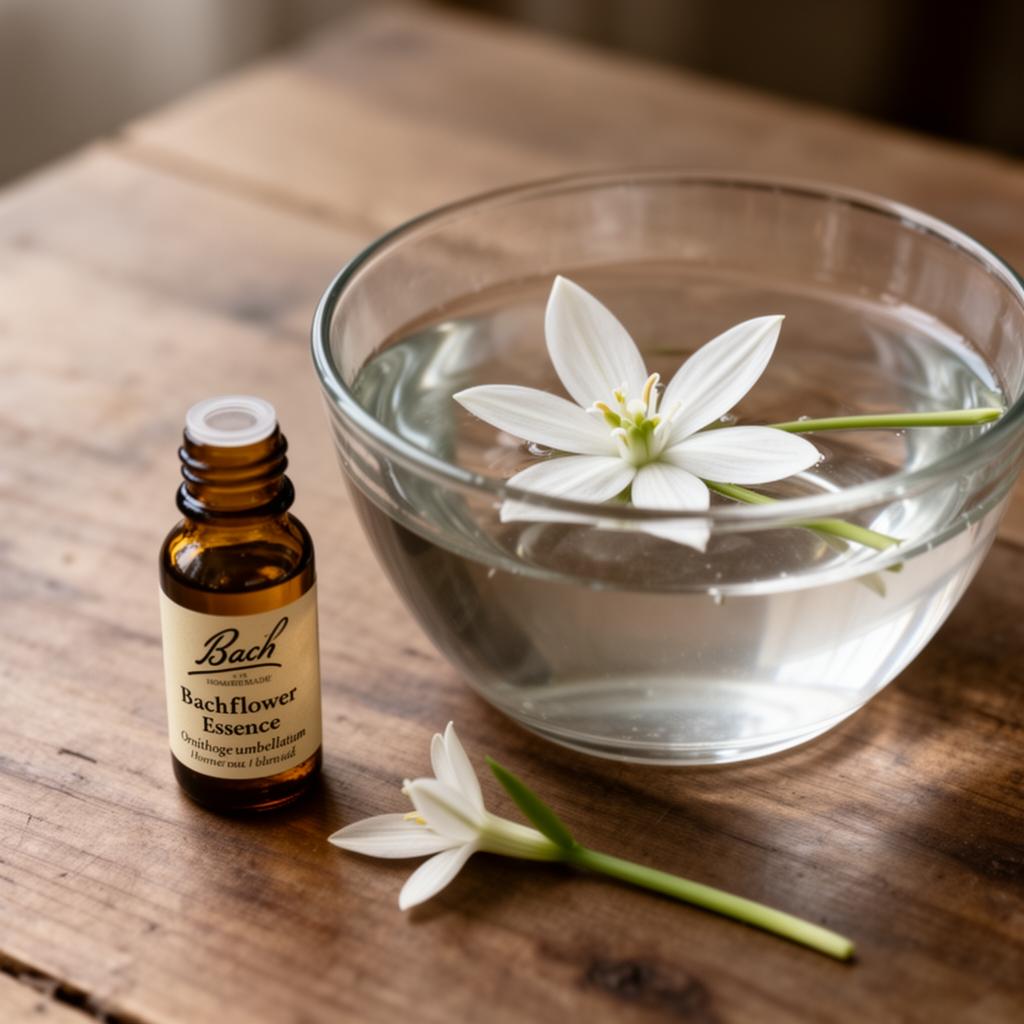 Sternblüte in einer Glasschale mit Wasser, daneben ein Fläschchen Blütenessenz
