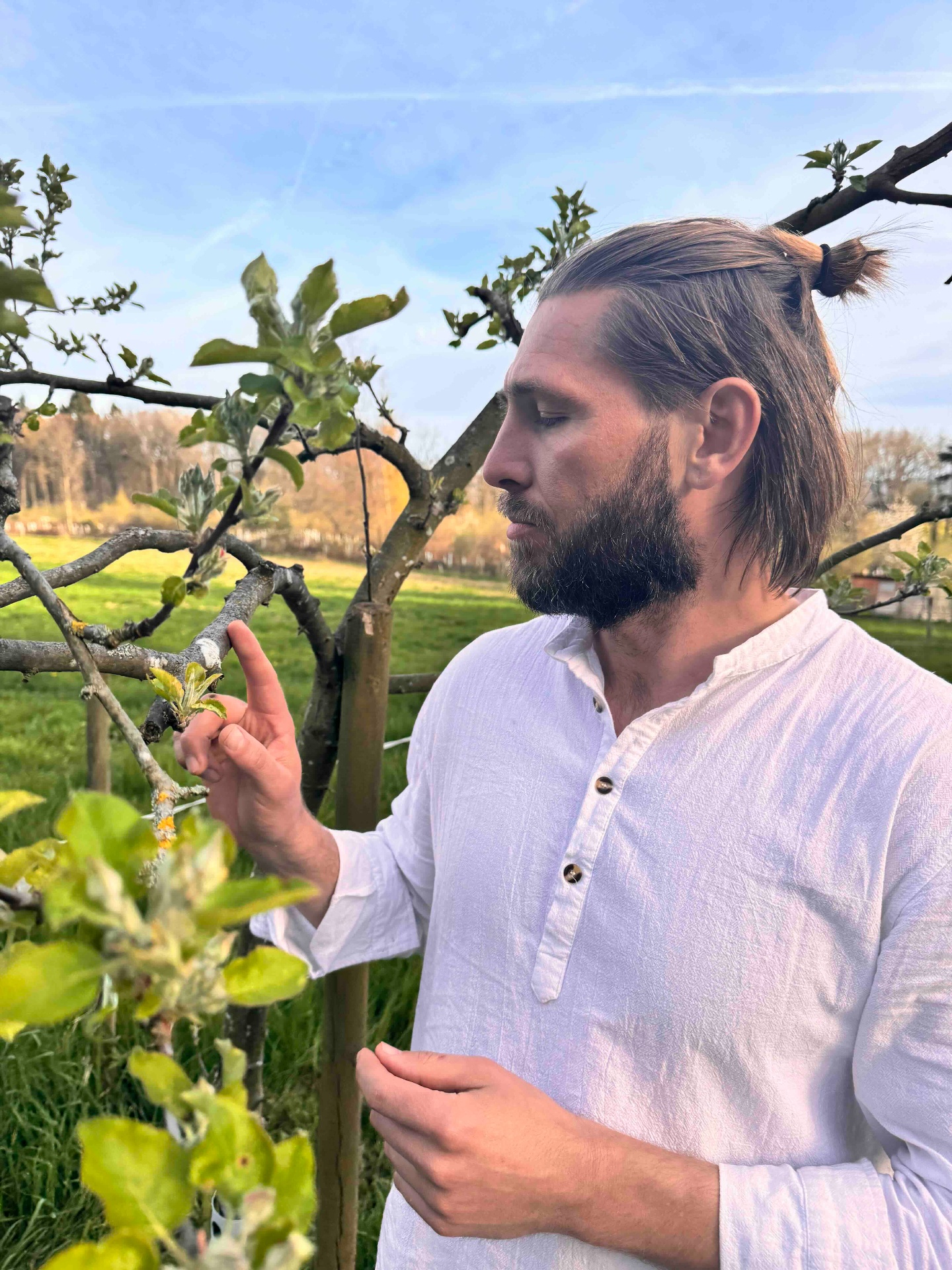 Oliver berührt eine Apfelbaumknospe