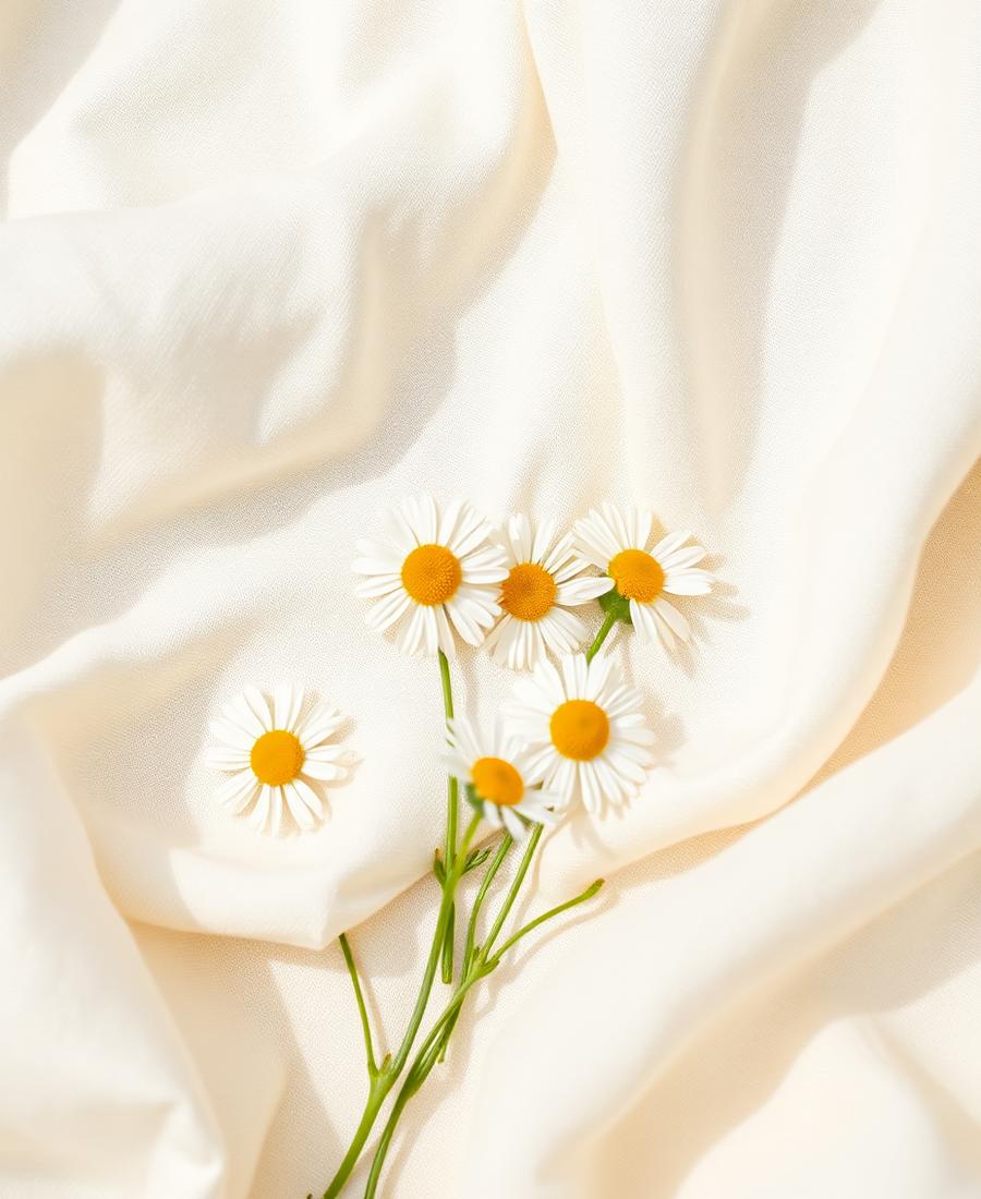 Gänseblümchen auf cremefarbenem Tuch im Naturlicht