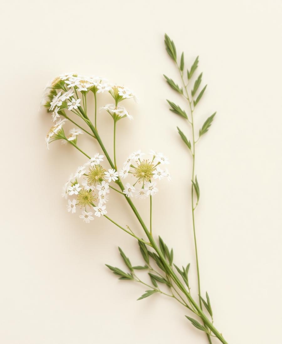 Weiße Schafgarbenblüten und gefiederte Blätter auf Papier